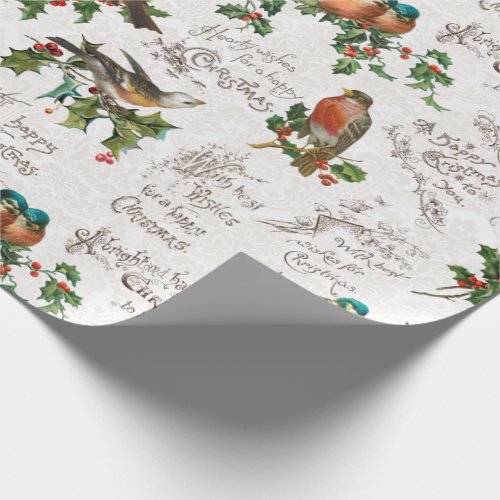 Vintage Birds Holly  Christmas Greetings Wrapping Paper