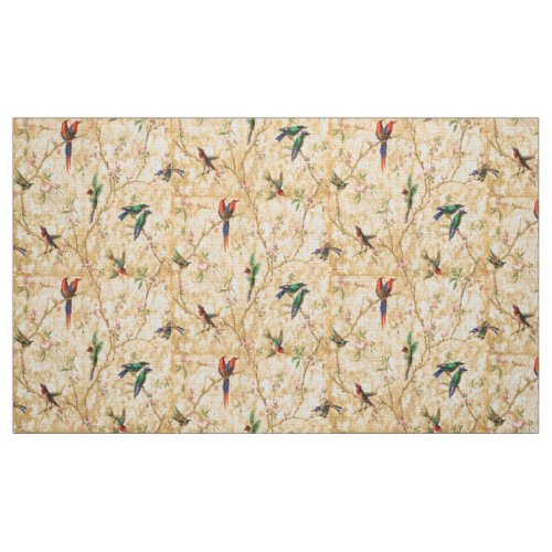 Vintage Birds In Flowering Trees Pattern Fabric