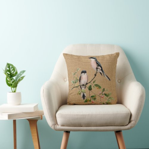 Vintage Birds In Red Berry Tree Faux Jute Burlap Throw Pillow