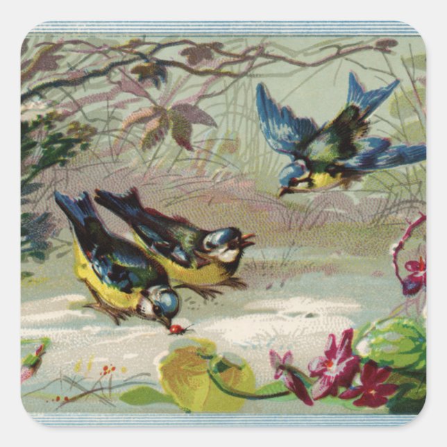 Vintage Birds in the Snow Square Sticker (Front)