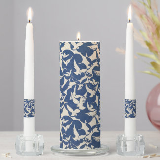 Vintage Birds in White and Blue Unity Candle Set