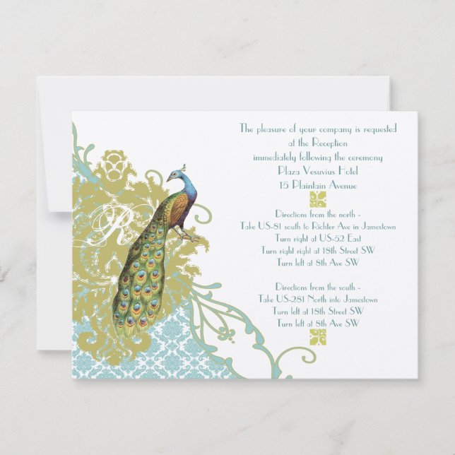 Vintage Birds Lagoon Endive Damask Reception Card (Front)
