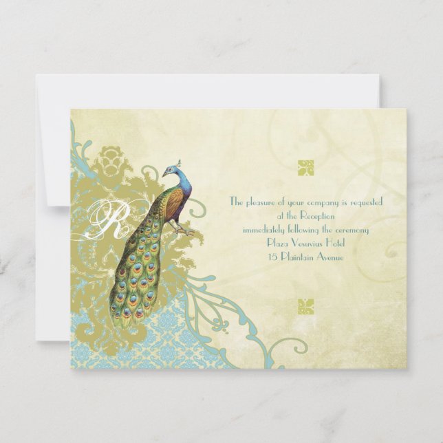 Vintage Birds Lagoon Endive Damask Reception Card (Front)