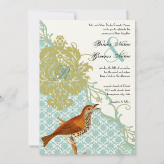 Vintage Birds Lagoon Endive Damask Wedding Invitation