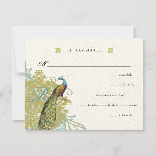 Vintage Birds Lagoon Endive Damask Wedding RSVP