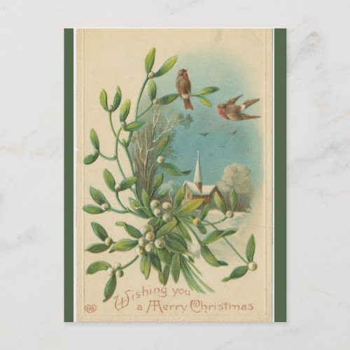 Vintage Birds Mistletoe and Church Christmas Postcard