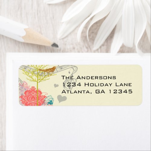 Vintage Birds Musical Coral Damask Tree Address Label