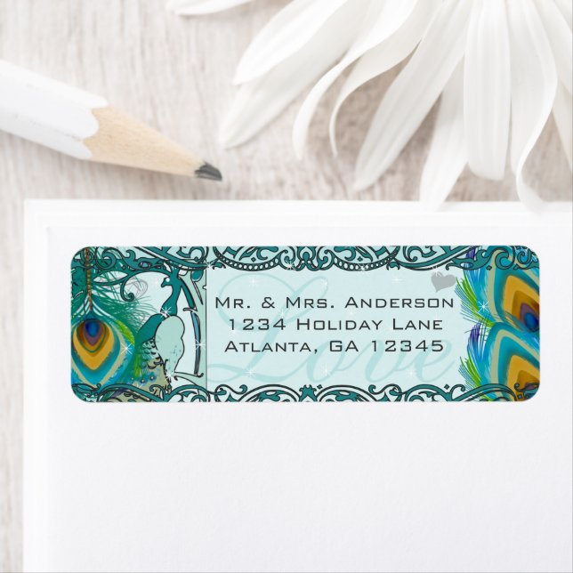 Vintage Birds Musical Love Peacock Feather Address Label (Insitu)