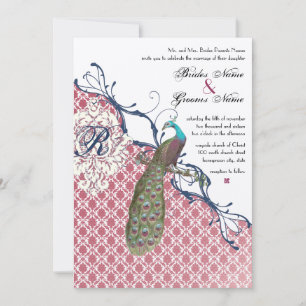 Vintage Birds Navy Deep Raspberry Damask Wedding Invitation