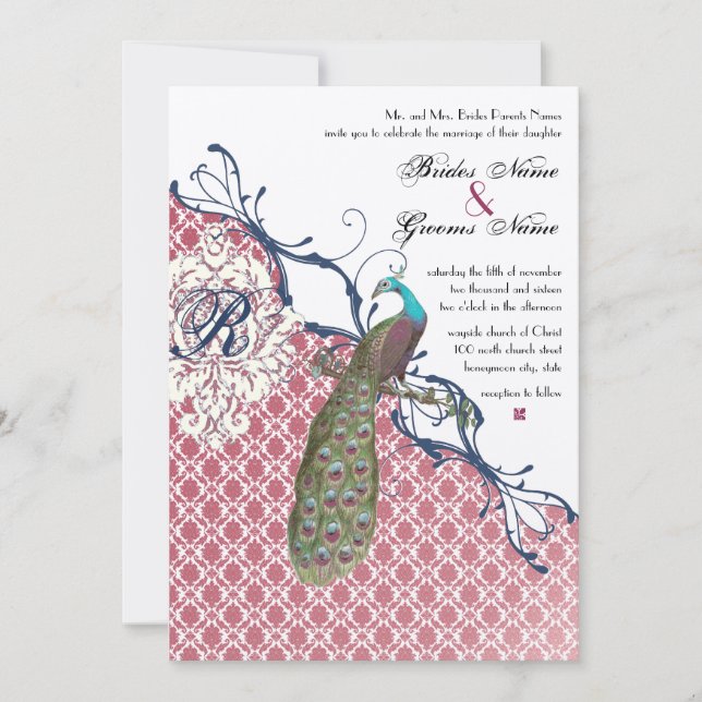 Vintage Birds Navy Deep Raspberry Damask Wedding Invitation (Front)