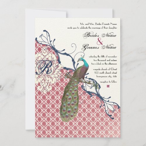 Vintage Birds Navy Deep Raspberry Damask Wedding Invitation