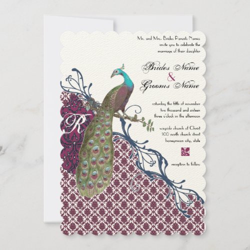 Vintage Birds Navy Deep Raspberry Damask Wedding Invitation