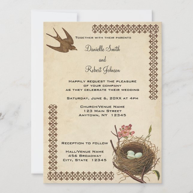 Vintage Birds Nest Custom Wedding Invitation (Front)
