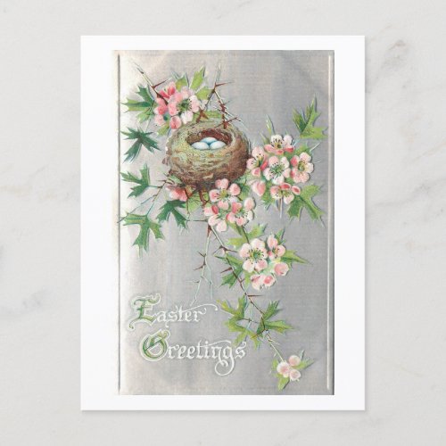 Vintage Birds Nest Flowers  Easter Greeting Holiday Postcard