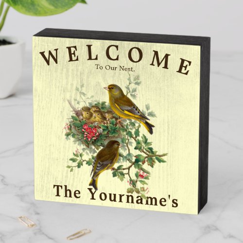 Vintage Birds Nest Personalized Welcome Wooden Box Sign