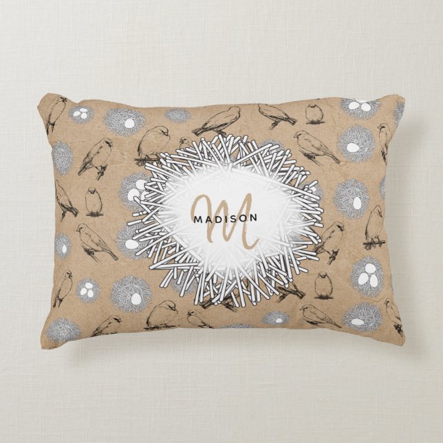 Vintage Birds & Nest Rustic Kraft Brown Accent Pillow (Front)