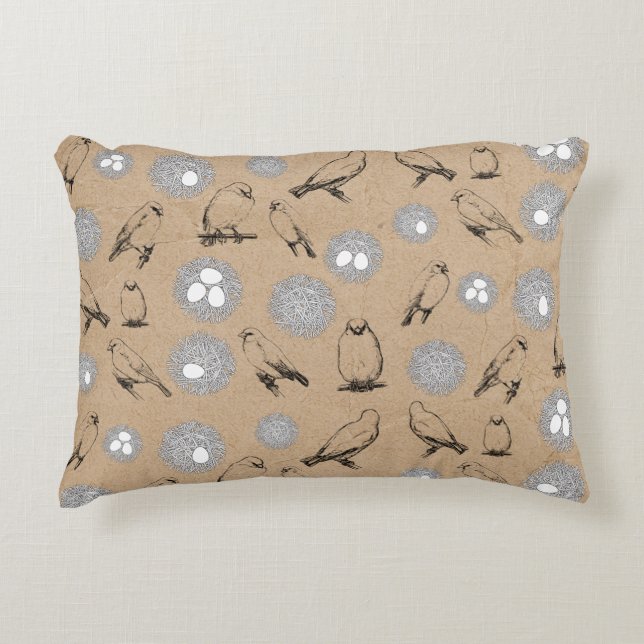Vintage Birds & Nest Rustic Kraft Brown Accent Pillow (Front)