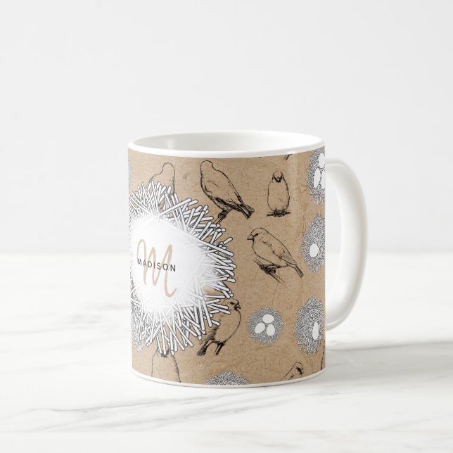 Vintage Birds & Nest Rustic Kraft Brown Coffee Mug (Front Right)