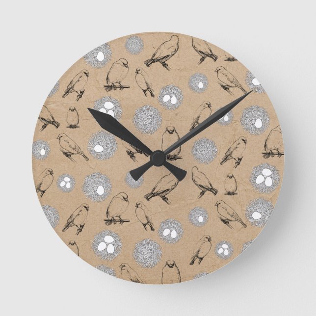 Vintage Birds & Nest Rustic Kraft Brown Round Clock (Front)
