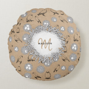 Vintage Birds & Nest Rustic Kraft Brown Round Pillow