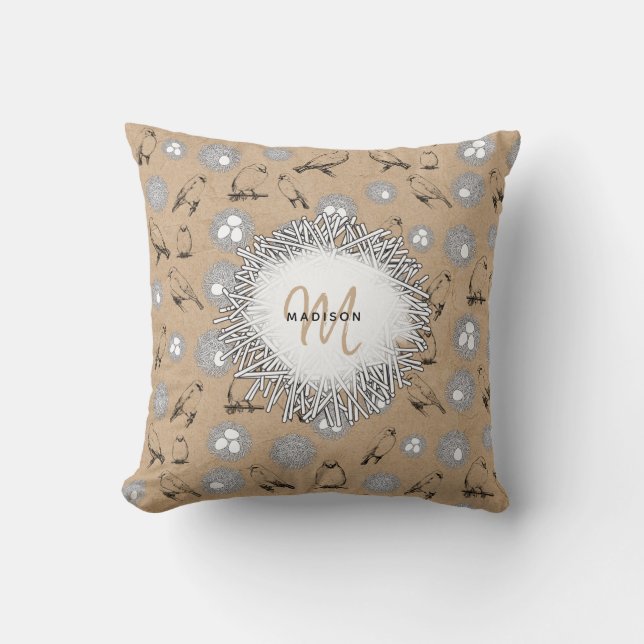 Vintage Birds & Nest Rustic Kraft Brown Throw Pillow (Front)
