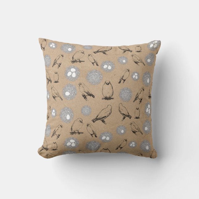Vintage Birds & Nest Rustic Kraft Brown Throw Pillow (Front)