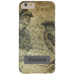 Vintage Birds &amp; Newsprint Custom Name Barely There iPhone 6 Plus Case