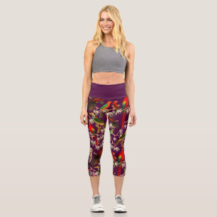Vintage Birds of Paradise Purple Capri Leggings