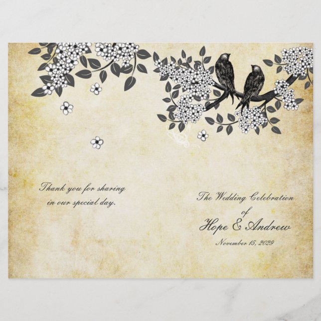 Vintage Birds on Branch Bi-Fold Wedding Program (Front)