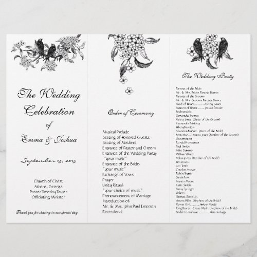 Vintage Birds on Branch TriFold Wedding Program