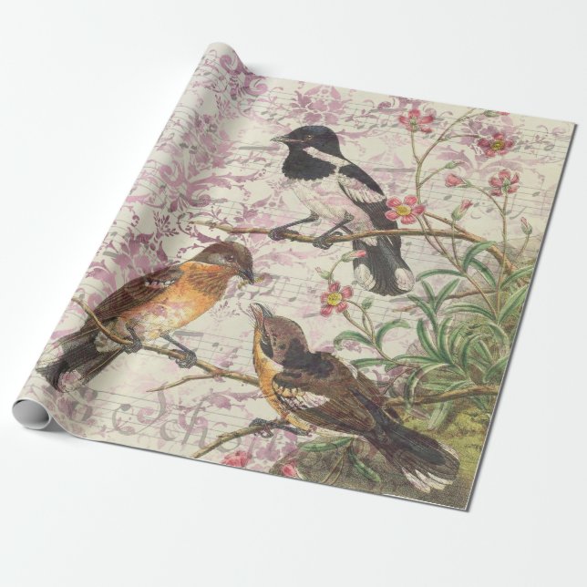 Vintage Birds on Branches and Music Wrapping Paper (Unrolled)