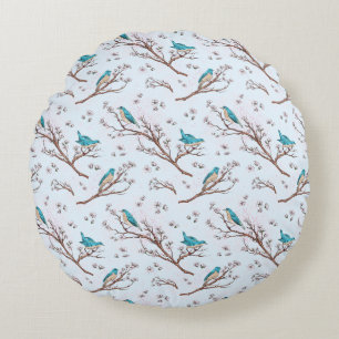 Vintage Birds on Cherry Blossom Branches Round Pillow
