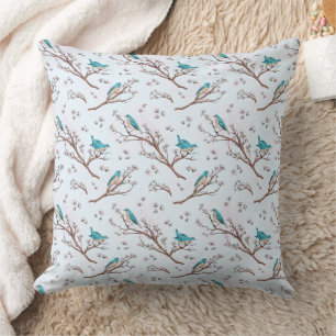 Vintage Birds on Cherry Blossom Branches Throw Pillow