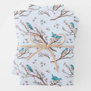 Vintage Birds on Cherry Blossom Branches Wrapping Paper Sheets