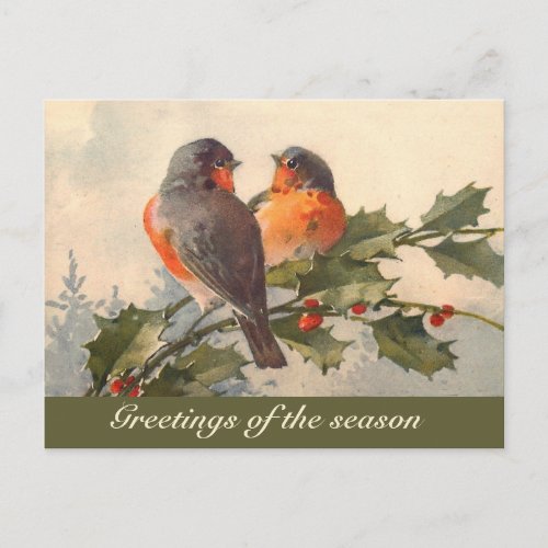 Vintage birds on holly branch  postcard