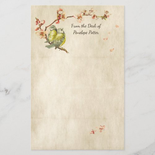 Vintage Birds on Peach Tree on Parchment with Name Stationery