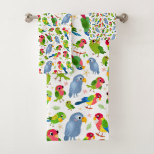 Vintage Birds Pattern, Colorful parakeet pattern Bath Towel Set