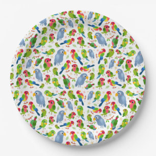 Vintage Birds Pattern, Colorful parakeet pattern Paper Plates