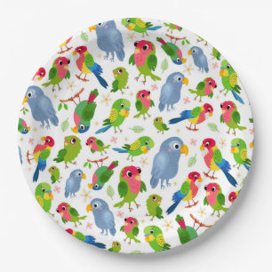 Vintage Birds Pattern, Colorful parakeet pattern Paper Plates