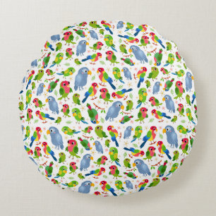 Vintage Birds Pattern, Colorful parakeet pattern Round Pillow