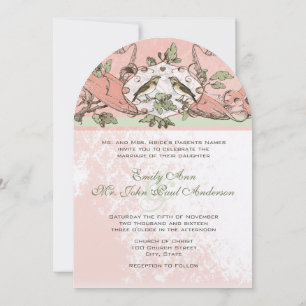 Vintage Birds Peach Oak Tree Scroll Wedding  Invitation