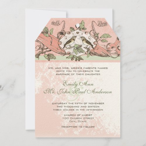 Vintage Birds Peach Oak Tree Scroll Wedding  Invitation