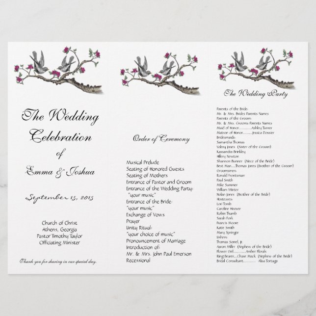 Vintage Birds Pink Floral TriFold Wedding Program (Front)