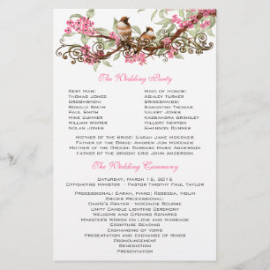 Vintage Birds Pink Flowers Wedding Program