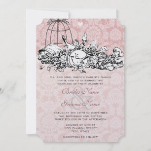 Vintage Birds Pink Musical Scroll Wedding Invites