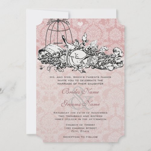 Vintage Birds Pink Musical Scroll Wedding Invites