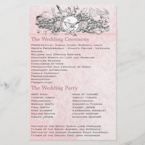 Vintage Birds Pink Musical Scroll Wedding Program