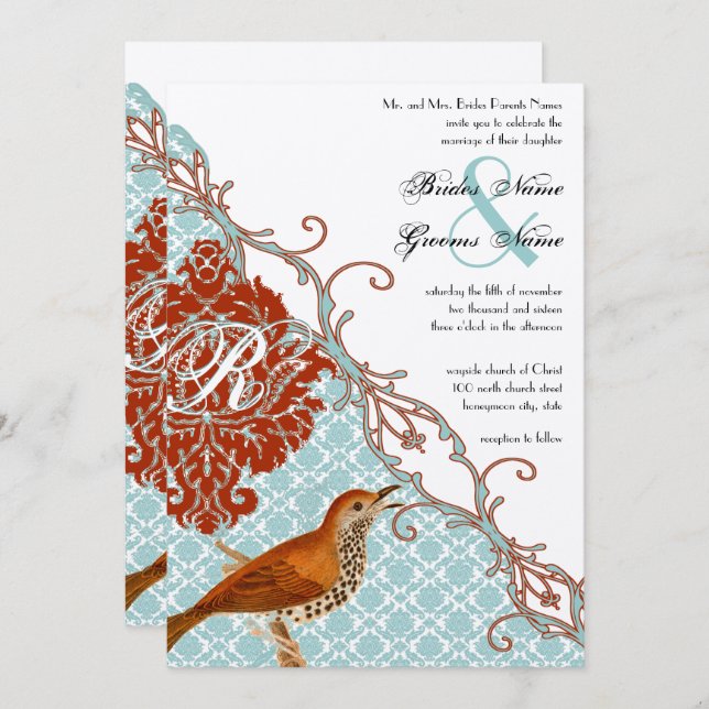 Vintage Birds Red Endive Damask Wedding Invitation (Front/Back)
