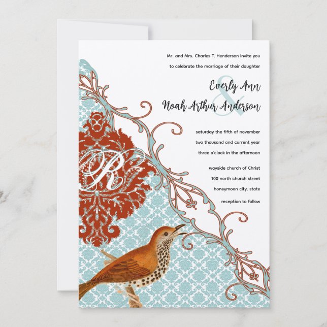 Vintage Birds Red Endive Damask Wedding Invitation (Front)