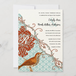 Vintage Birds Red Endive Damask Wedding Invitation